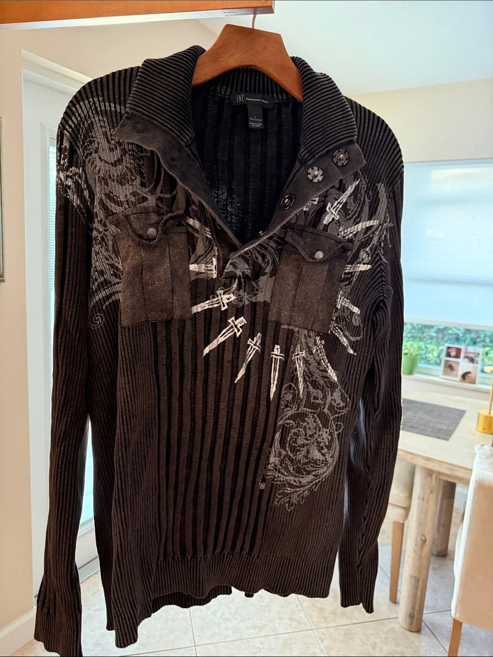 INC International Concepts Black Graphic Zip-Up Knit Sweater